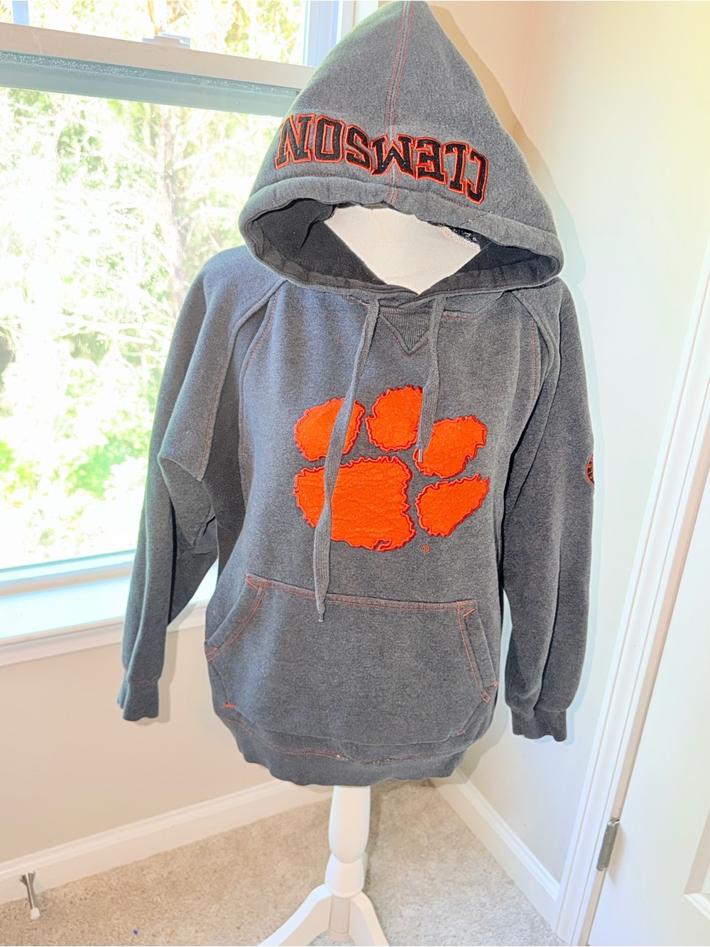 Vintage Gray Crewneck Hoodie with Orange Paw Graphic Embroidered Clemson